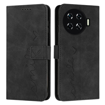 Black leather folio phone case with heart pattern, magnetic flap, camera cutout