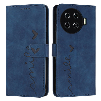 Blue leather folio phone case with heart pattern, magnetic flap, camera cutout