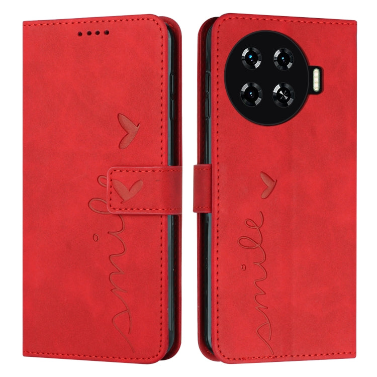Red leather folio phone case with heart pattern, magnetic flap, phone camera cutout