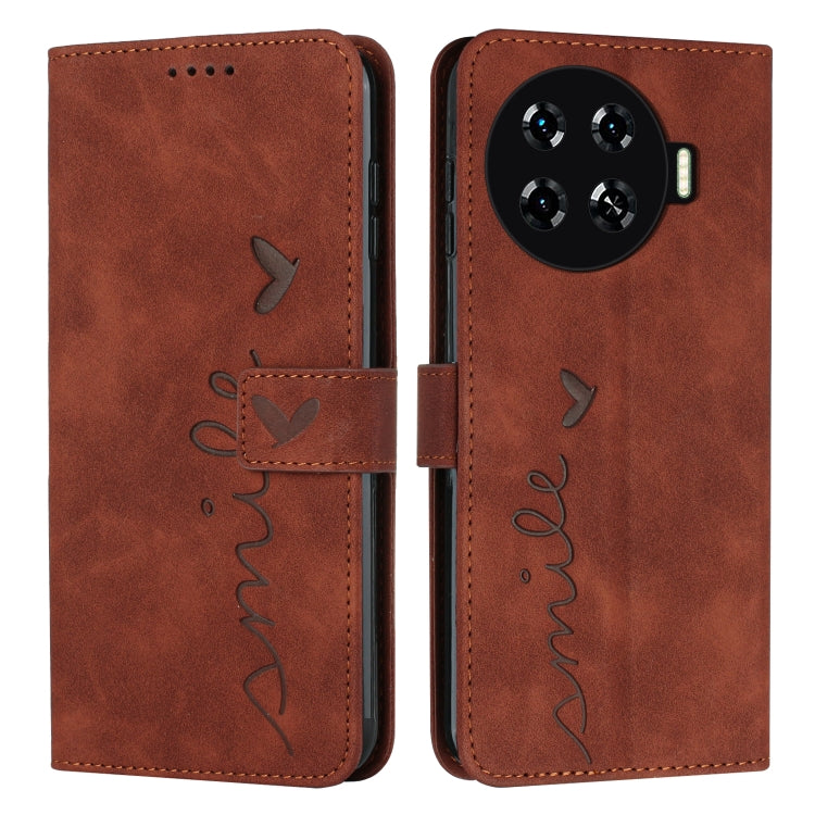 Brown leather folio phone case with heart pattern, magnetic flap, phone camera cutout