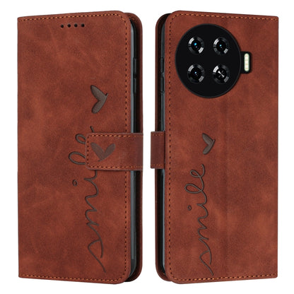 Brown leather folio phone case with heart pattern, magnetic flap, phone camera cutout