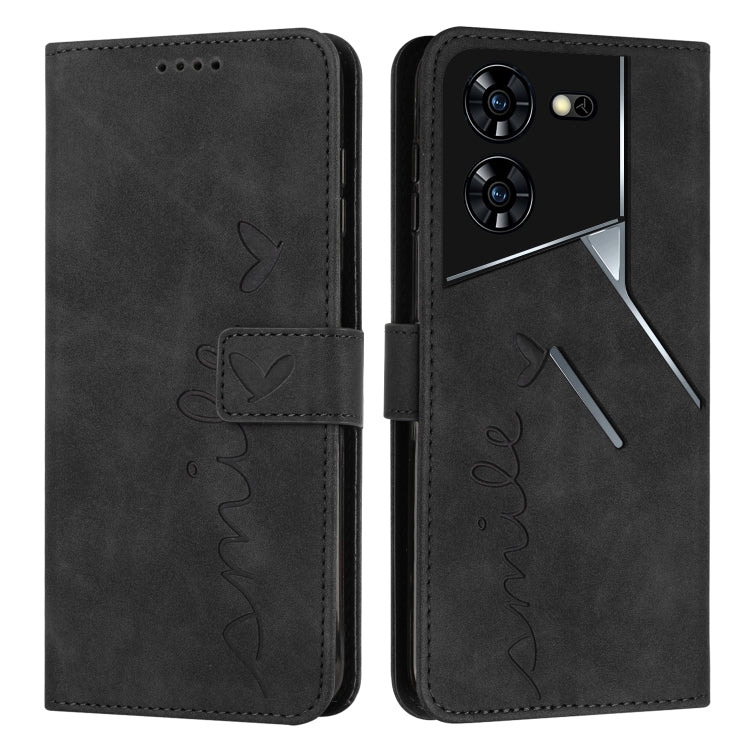 Black leather wallet phone case with heart script emboss and stitched flip cover
