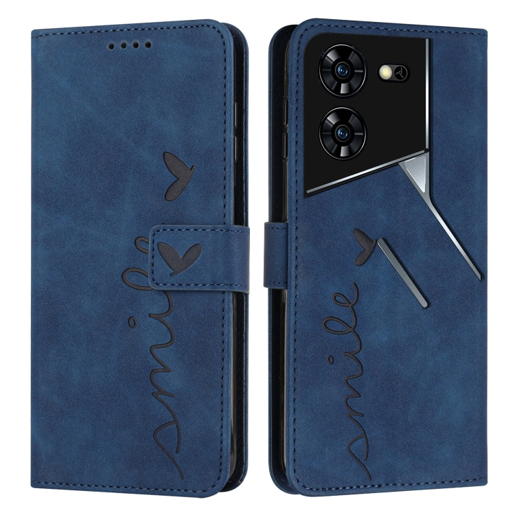 Blue leather wallet phone case with heart script emboss and stitched flip cover