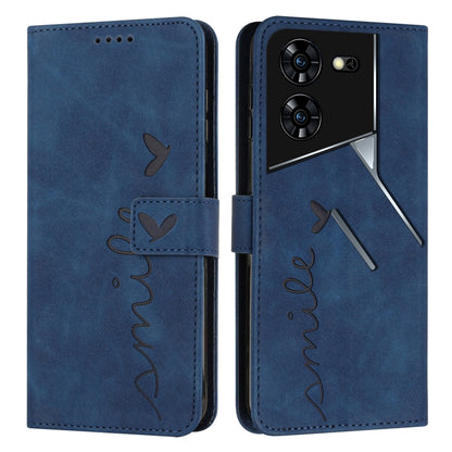 Blue leather wallet phone case with heart script emboss and stitched flip cover