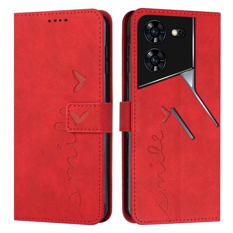 Red leather wallet phone case with heart script emboss and camera cutout on back