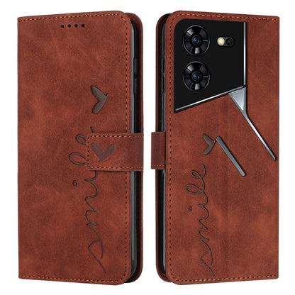Brown leather wallet phone case with heart script emboss and camera cutout on back