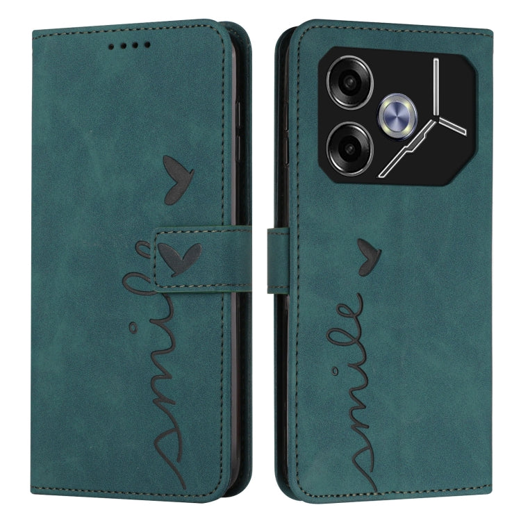 Teal leather wallet phone case with heart emboss, stitched strap, camera and port openings.