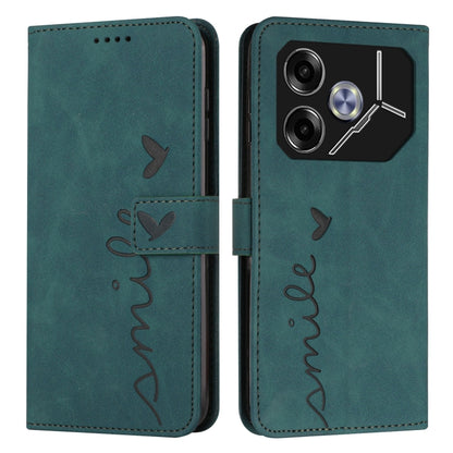 Teal leather wallet phone case with heart emboss, stitched strap, camera and port openings.