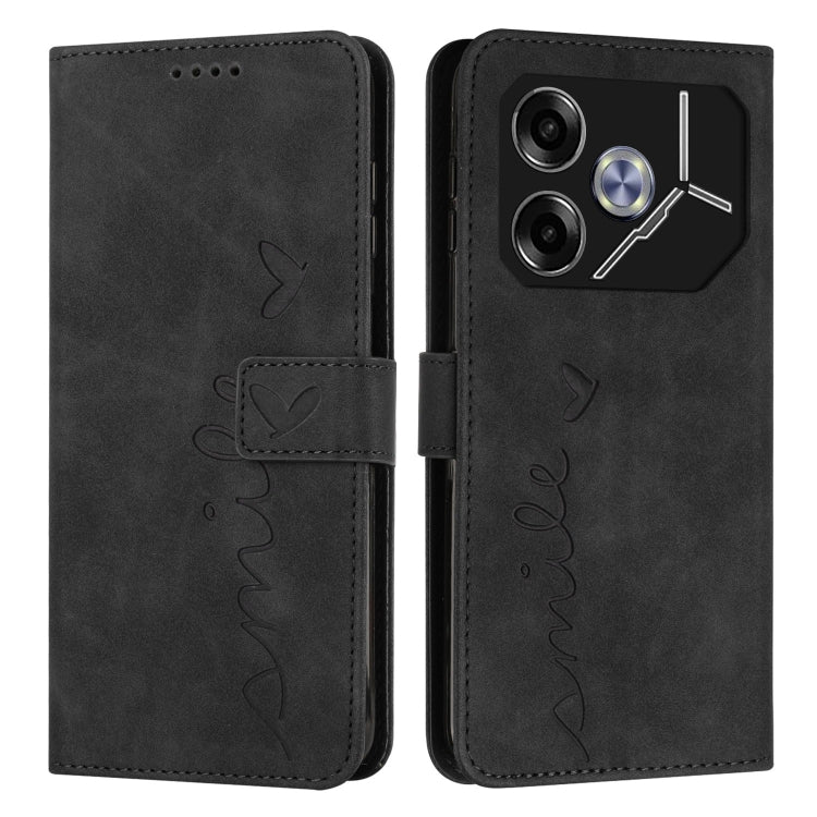 Black leather wallet phone case with heart emboss, stitched strap, camera and port openings.