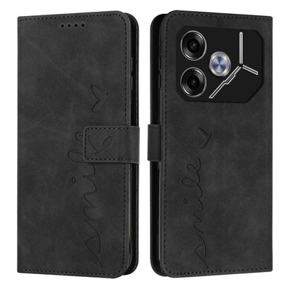 Black leather wallet phone case with heart emboss, stitched strap, camera and port openings.