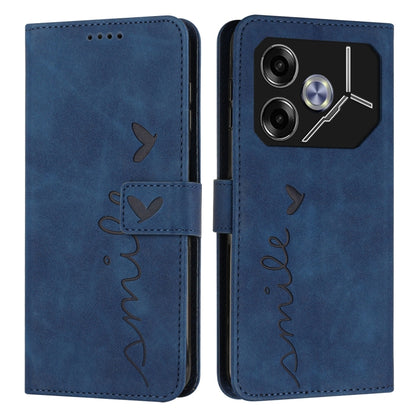 Blue leather wallet phone case with heart emboss, stitched strap, camera and port openings.