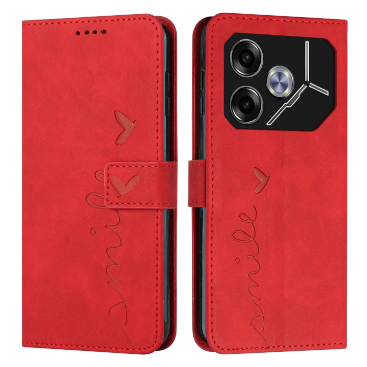 Red leather wallet phone case with heart emboss, front cover with stitched strap, camera cutout.