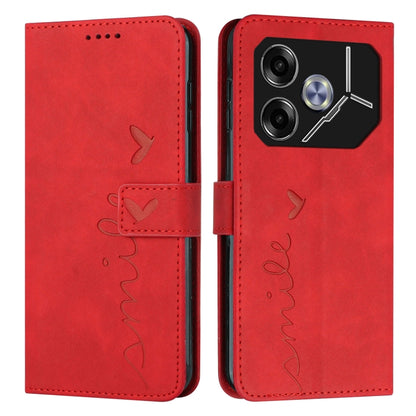 Red leather wallet phone case with heart emboss, front cover with stitched strap, camera cutout.