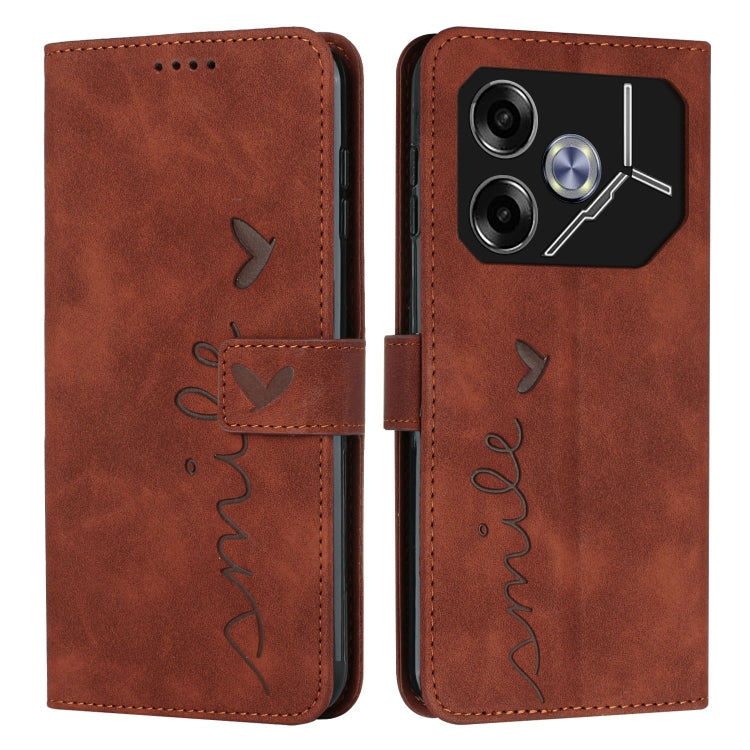 Brown leather wallet phone case with heart emboss, cover strap and stitching, camera cutouts.
