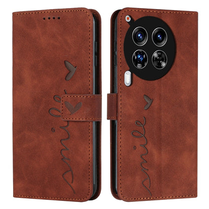 Brown leather wallet phone case with heart emboss, stitched strap, camera and port openings.