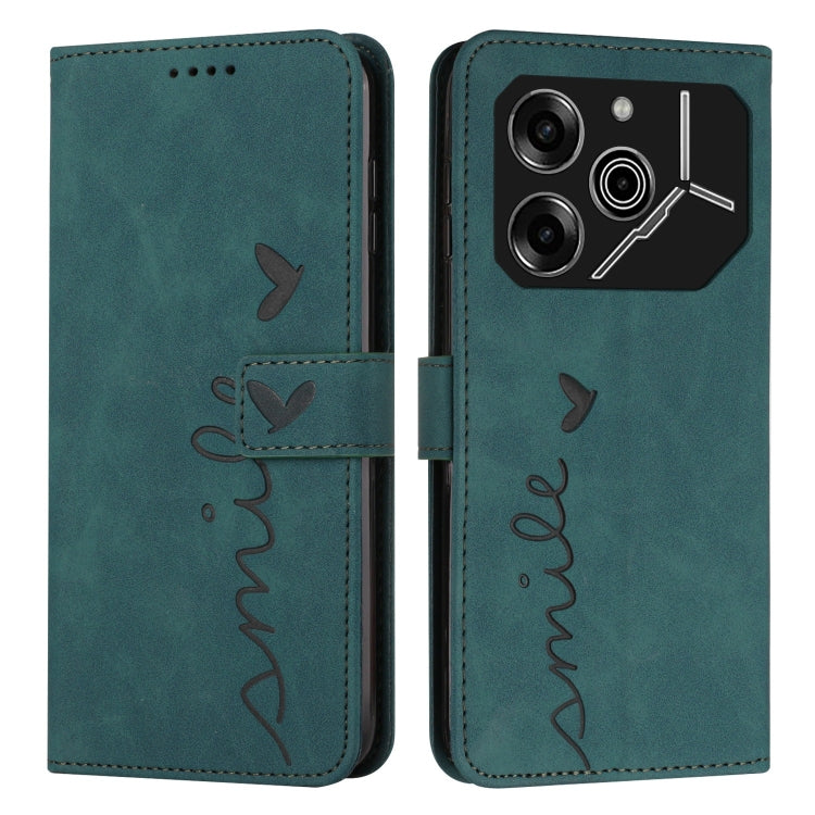 Teal flip phone wallet case with embossed heart and 'love' stitching, camera cutout