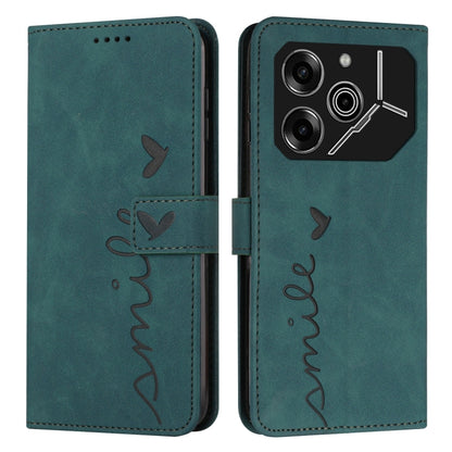 Teal flip phone wallet case with embossed heart and 'love' stitching, camera cutout