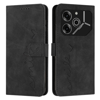 Black flip phone wallet case with embossed heart and 'love' stitching, camera cutout