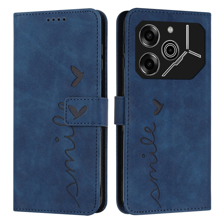 Blue flip phone wallet case with embossed heart and 'love' stitching, camera cutout