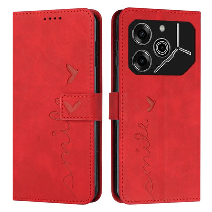 Red leather folio phone case with heart pattern, magnetic flap, camera cutout