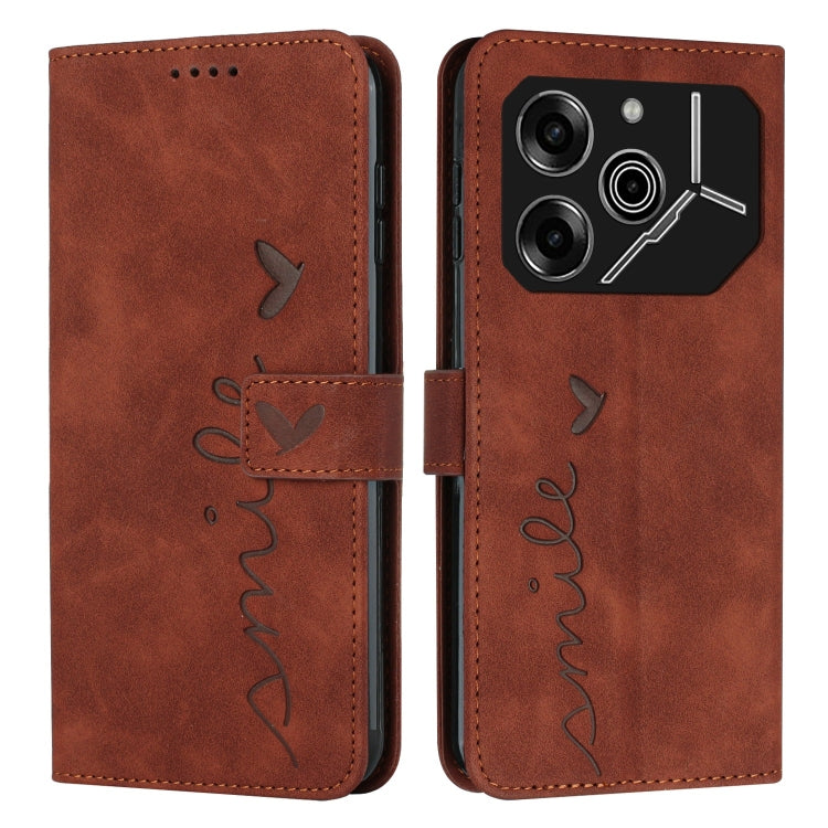 Brown leather folio phone case with heart pattern, magnetic flap, camera cutout