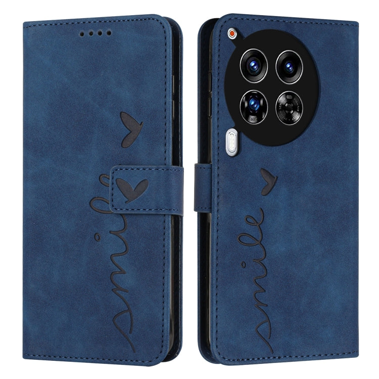 Blue flip phone wallet case with embossed heart and 'love' stitching, camera cutout