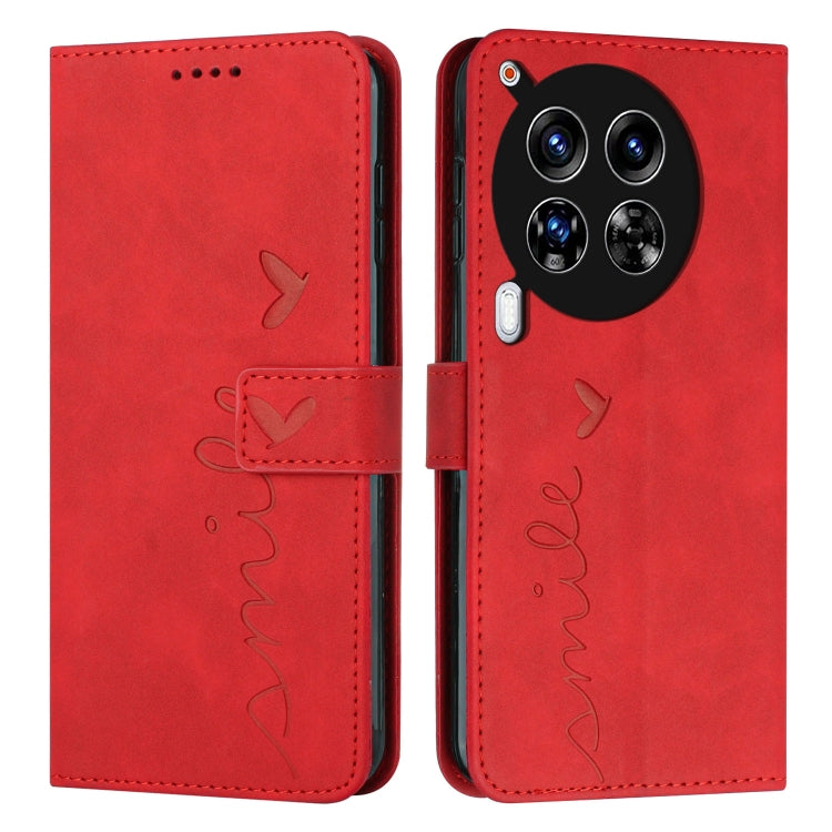 Red flip phone wallet case with embossed heart and 'love' stitching, camera cutout