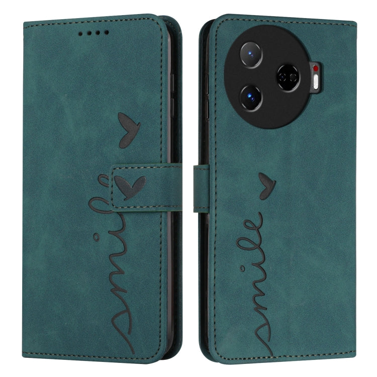 Teal leather wallet phone case with heart emboss, stitched strap, camera module opening.