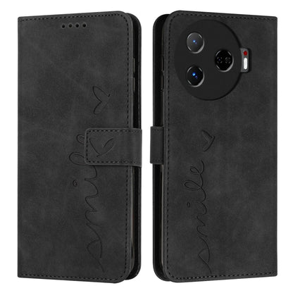 Black leather wallet phone case with heart emboss, stitched strap, camera module opening.