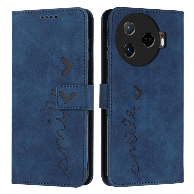 Blue leather wallet phone case with heart emboss, stitched strap, camera module opening.