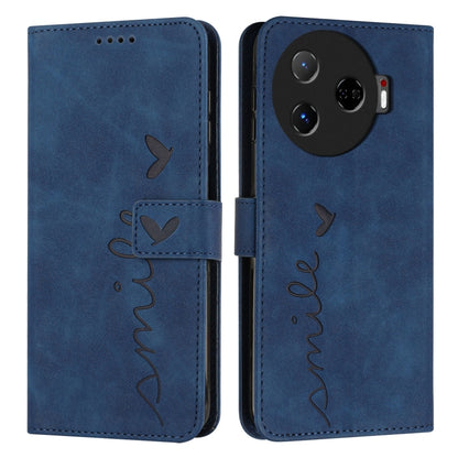 Blue leather wallet phone case with heart emboss, stitched strap, camera module opening.