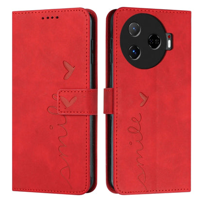 Red flip phone wallet case with embossed heart and 'love' stitching, camera cutout
