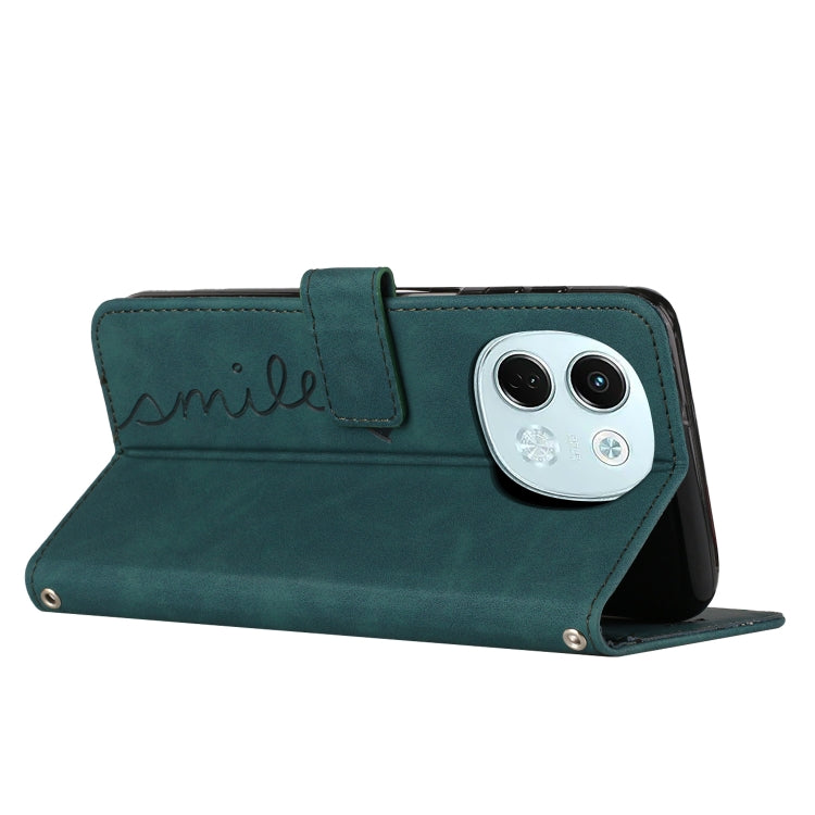 Teal leather phone case with flip stand and heart stitch design; camera cutout visible