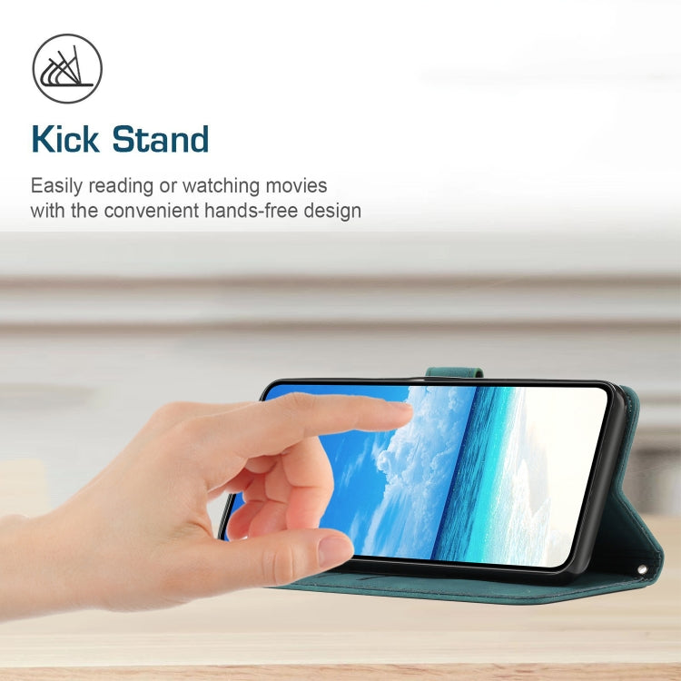Teal leather phone case with kickstand design; hands-free viewing