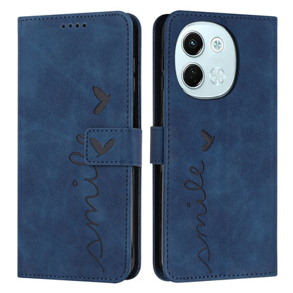 Blue leather phone case with flip cover and heart stitch embroidery; camera cutout