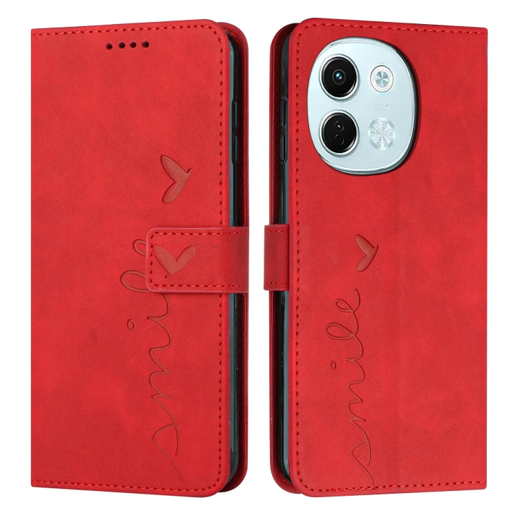 Red leather-look phone case with flip cover, heart embossing, and stitched side strap