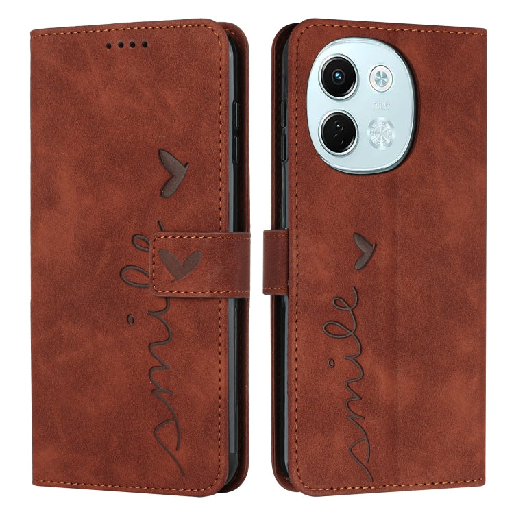 Brown leather-look phone case with flip cover, heart embossing, and stitched side strap