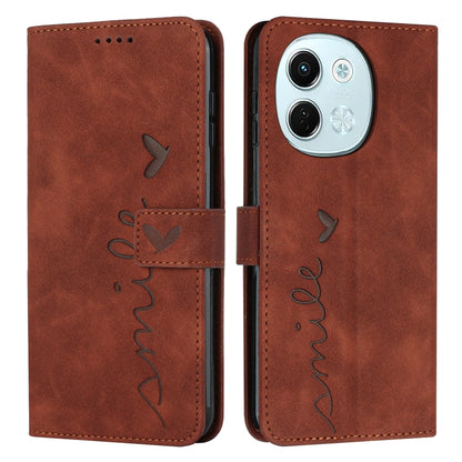 Brown leather-look phone case with flip cover, heart embossing, and stitched side strap