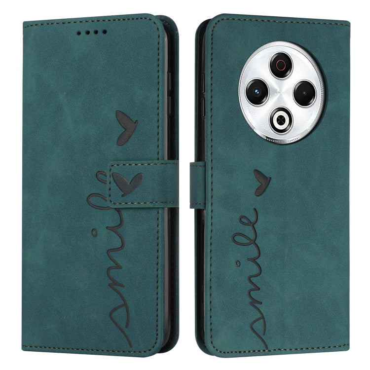 Teal leather-look phone case with flip cover, heart embossing, and stitched side strap