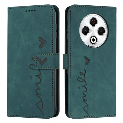 Teal leather-look phone case with flip cover, heart embossing, and stitched side strap
