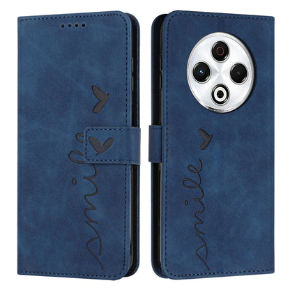 Blue leather-look phone case with flip cover, heart embossing, and stitched side strap