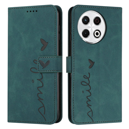 Teal leather-look phone case with flip cover, heart embossing, and stitched side strap