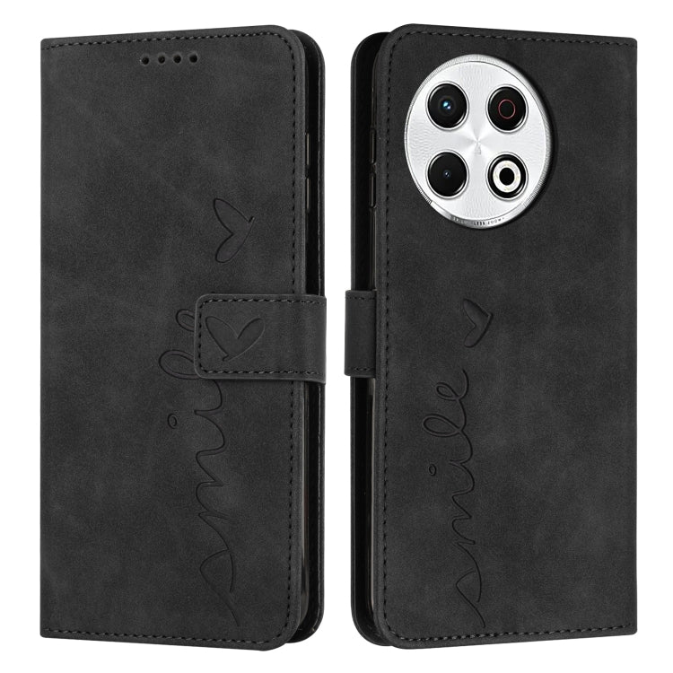 Black leather-look phone case with flip cover, heart embossing, and stitched side strap