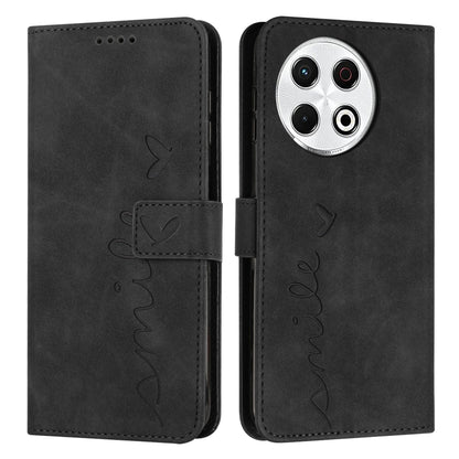 Black leather-look phone case with flip cover, heart embossing, and stitched side strap