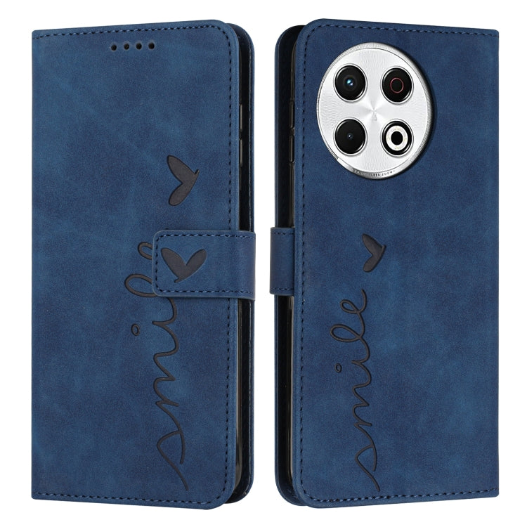 Blue leather-look phone case with flip cover, heart embossing, and stitched side strap