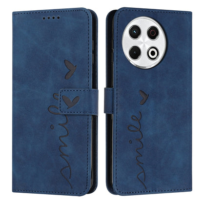 Blue leather-look phone case with flip cover, heart embossing, and stitched side strap