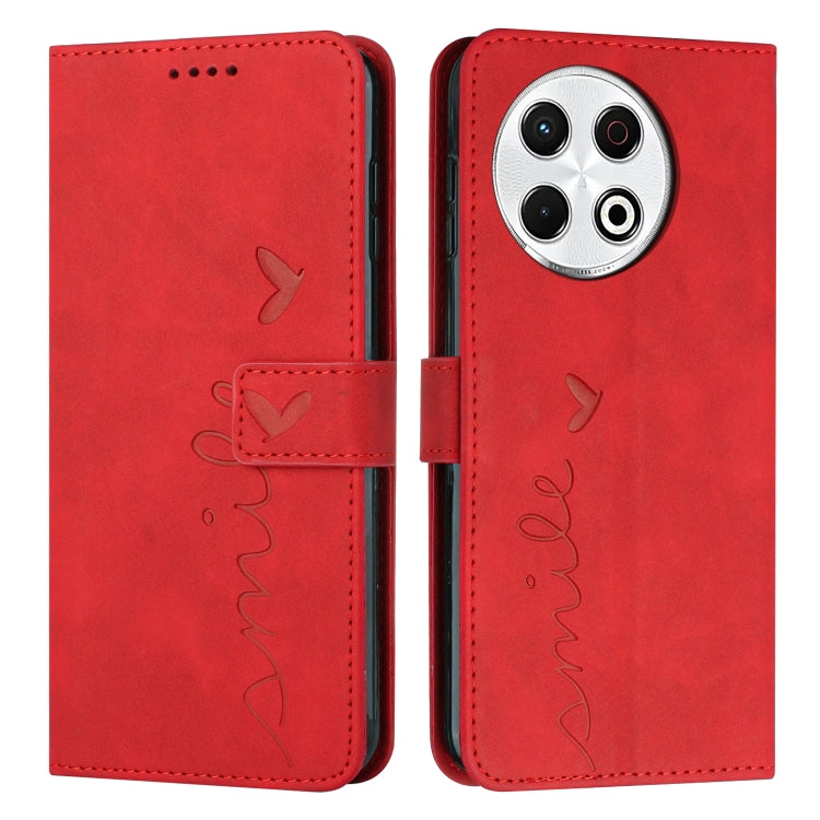 Red leather-look phone case with flip cover, heart embossing, and stitched side strap