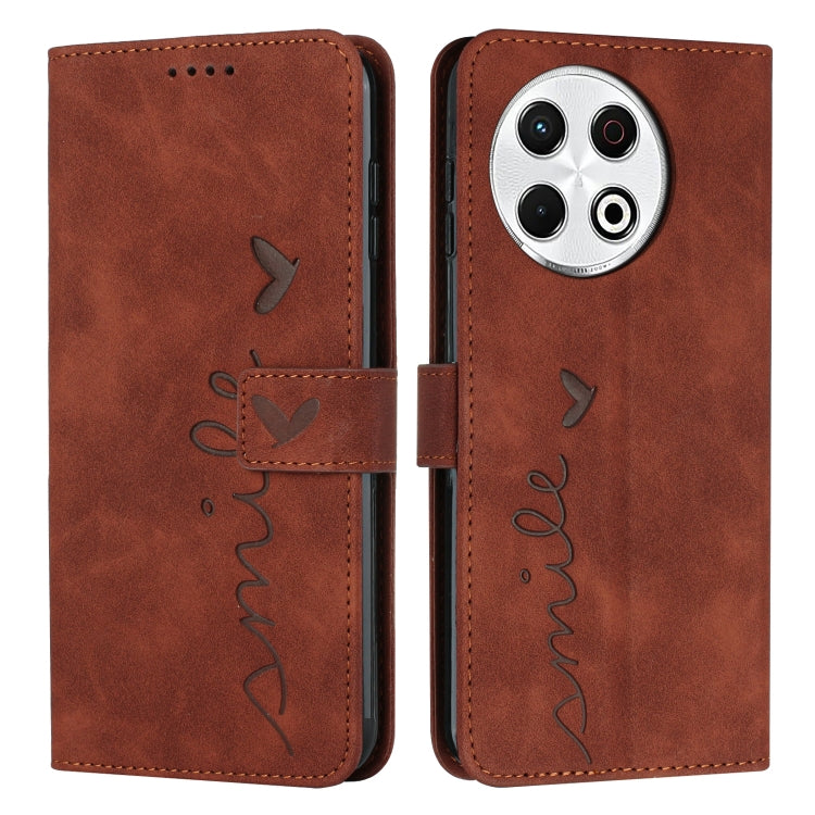 Brown leather-look phone case with flip cover, heart embossing, and stitched side strap