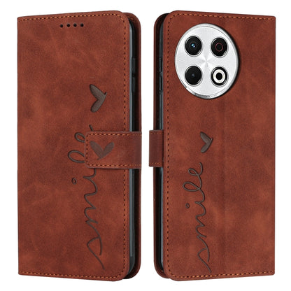 Brown leather-look phone case with flip cover, heart embossing, and stitched side strap