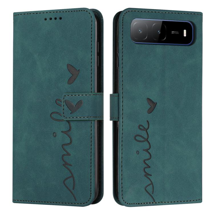 Teal leather phone case with heart emboss, flip cover, and lanyard cutout